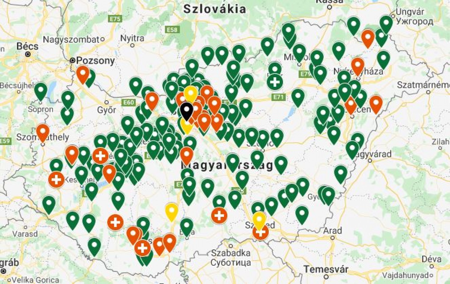 MAGYAR KORONAVÍRUS TÉRKÉP: be vannak jelölve, hogy hol van koronavírussal fertőzött személy Magyarországon